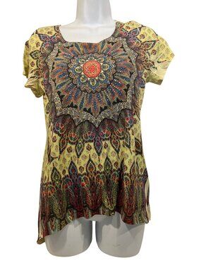 ONLY NINE yellow green asymmetrical top BOHO Women Petite M
